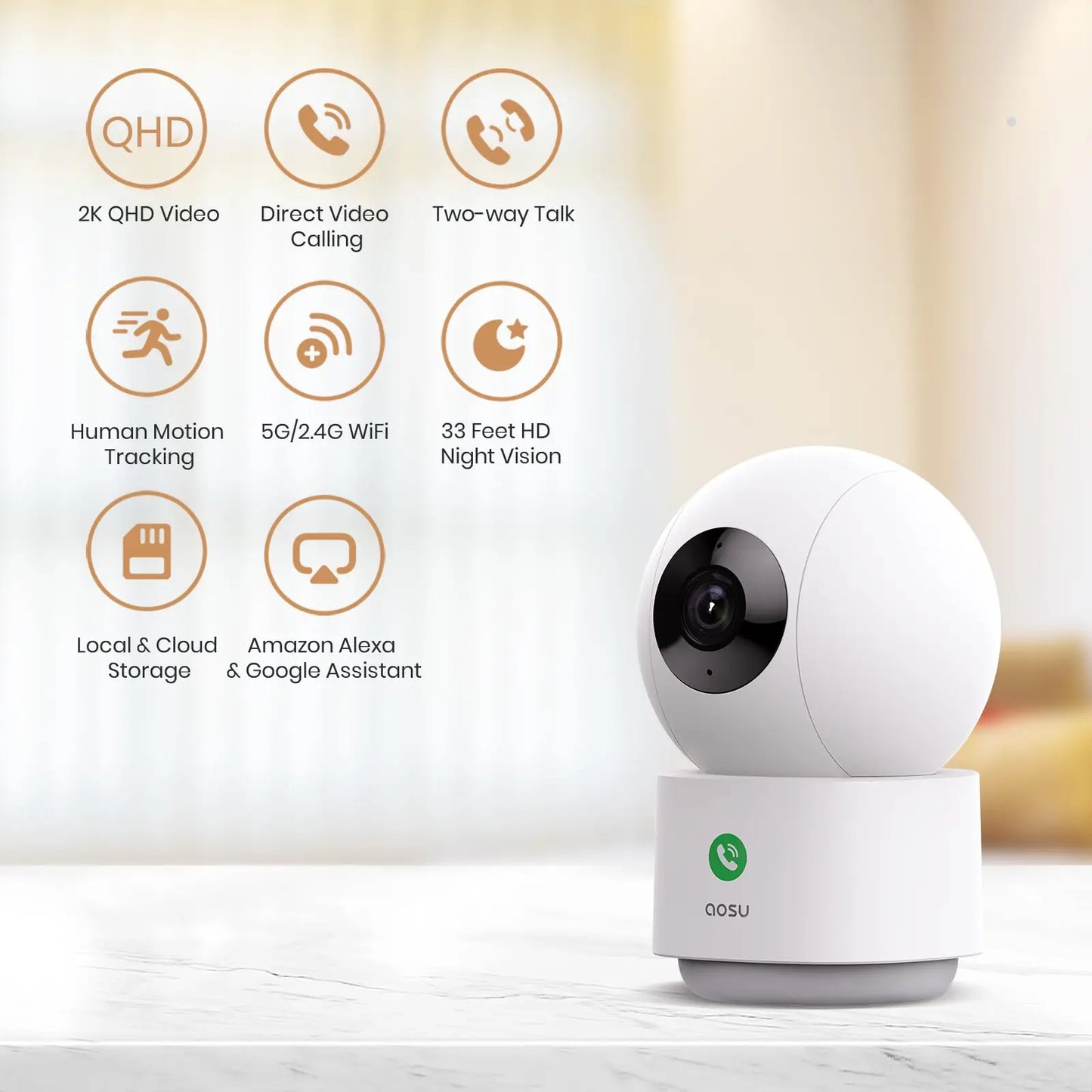 AOSU 2K 3MP 5G/2.4GHz Baby Monitor WiFi Security Camera Indoor 6X Zoom 2-Way Audio Surveillance CCTV Camera Work with Alex