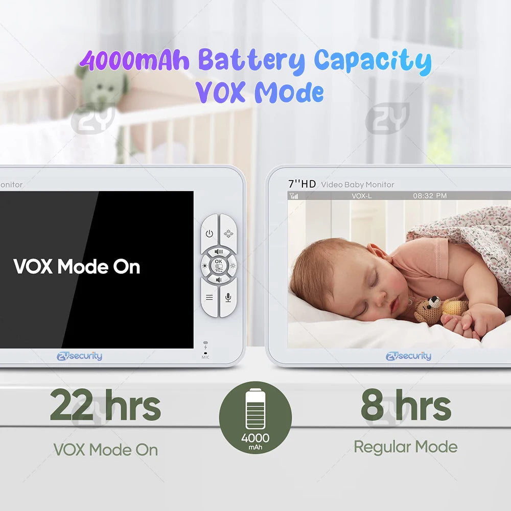 7.0 inch Video Baby Monitor HD Split Screen with 2 Cameras Pan Tilt 4X Zoom 2 Way Audio Night Vision no WiFi 4000mAh Battery