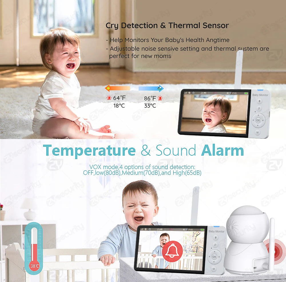 5''IPS Screen Pan-Tilt-Zoom Camera Video Baby Monitor with 30-Hour Battery 2-Way Talk Night Vision Temperature Lullabies SD Card