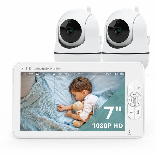 Babystar 7" HD Split Screen Video Baby Monitor No WiFi, Baby Camera Monitor, Hack Proof, Remote Zoom/Pan/Tilt, 4000mAh Battery