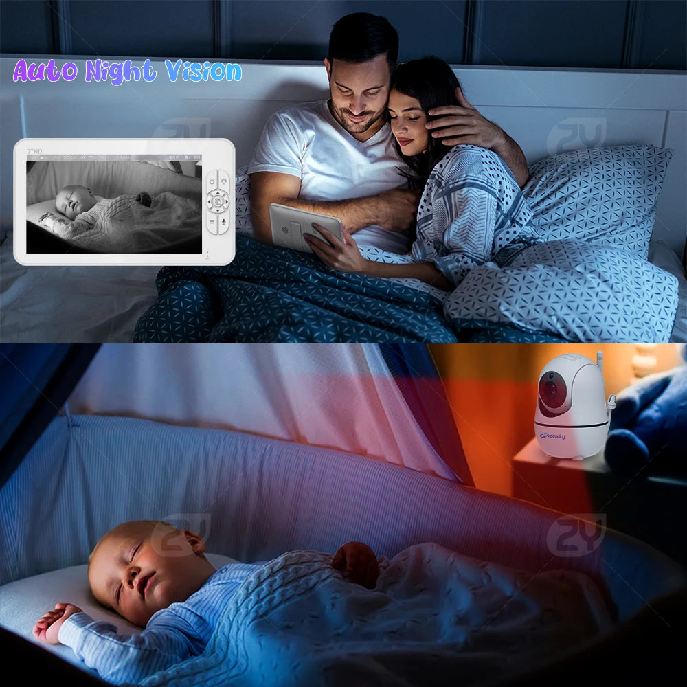 7.0 inch Video Baby Monitor HD Split Screen with 2 Cameras Pan Tilt 4X Zoom 2 Way Audio Night Vision no WiFi 4000mAh Battery