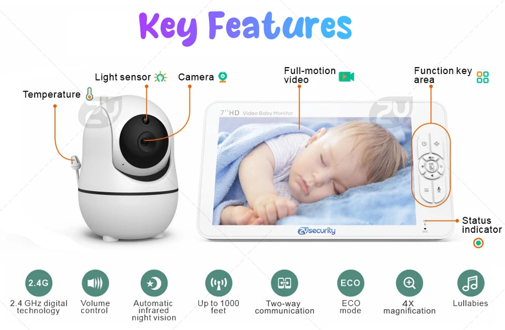 7.0 inch Video Baby Monitor HD Split Screen with 2 Cameras Pan Tilt 4X Zoom 2 Way Audio Night Vision no WiFi 4000mAh Battery