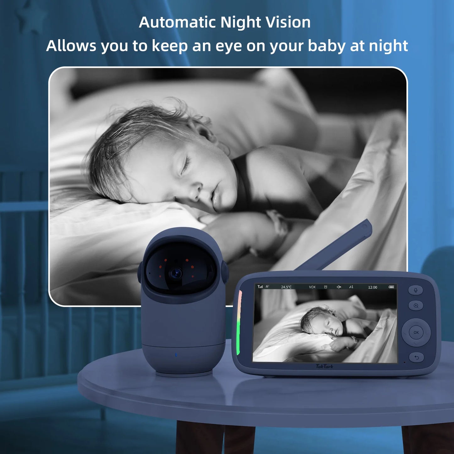 5 Inch TakTark Wireless Video Baby Monitor With Two Way Audio Night Vision Temperature Monitoring 3X Zoom Security Camera Nanny