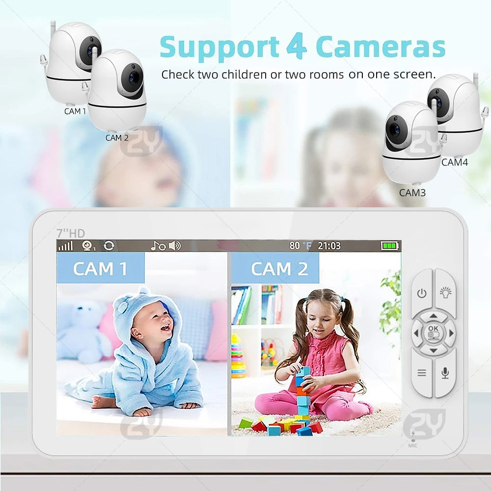 7.0 inch Video Baby Monitor HD Split Screen with 2 Cameras Pan Tilt 4X Zoom 2 Way Audio Night Vision no WiFi 4000mAh Battery