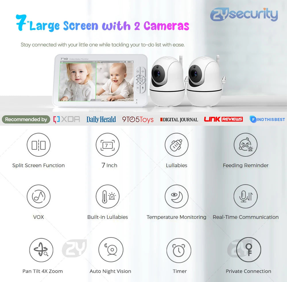 7.0 inch Video Baby Monitor HD Split Screen with 2 Cameras Pan Tilt 4X Zoom 2 Way Audio Night Vision no WiFi 4000mAh Battery