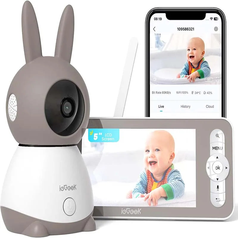 ieGeek 5" 2K/3MP Baby Surveillance Camera, 360° PTZ Baby Monitor with Camera and Dual Screen Preview, Motion Detection