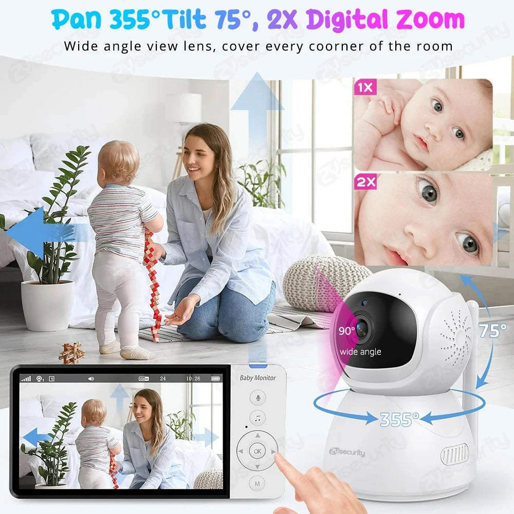 5''IPS Screen Pan-Tilt-Zoom Camera Video Baby Monitor with 30-Hour Battery 2-Way Talk Night Vision Temperature Lullabies SD Card