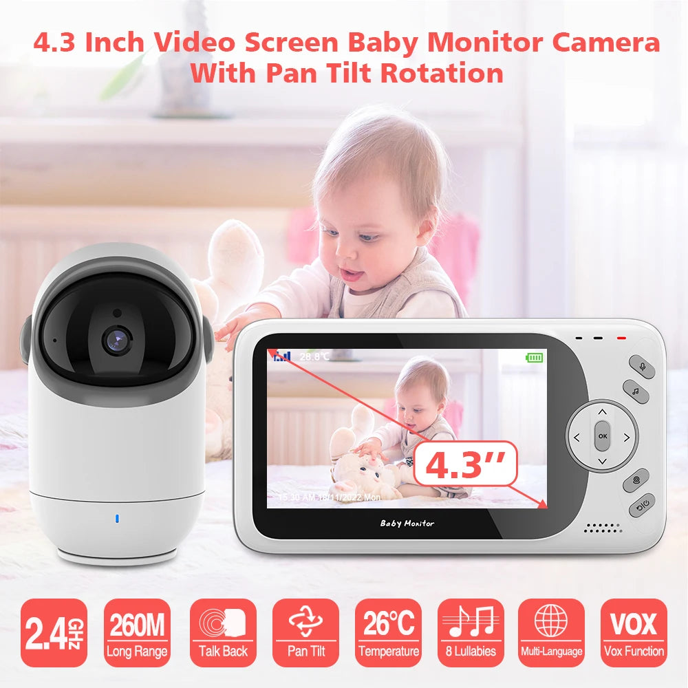 4.3 Inch Video Baby Monitor With Pan Tilt Camera 2.4G Wireless Two Way Audio Night Vision Security Camera Babysitter VB801