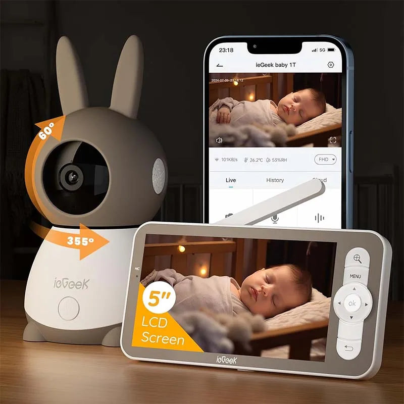 ieGeek 5" 2K/3MP Baby Surveillance Camera, 360° PTZ Baby Monitor with Camera and Dual Screen Preview, Motion Detection