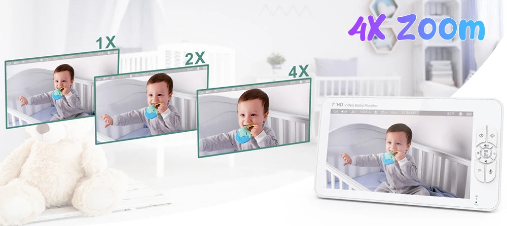 7.0 inch Video Baby Monitor HD Split Screen with 2 Cameras Pan Tilt 4X Zoom 2 Way Audio Night Vision no WiFi 4000mAh Battery