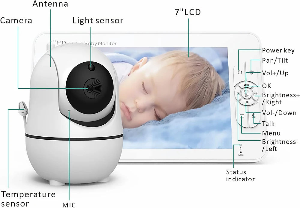 7.0 inch Video Baby Monitor HD Split Screen with 2 Cameras Pan Tilt 4X Zoom 2 Way Audio Night Vision no WiFi 4000mAh Battery