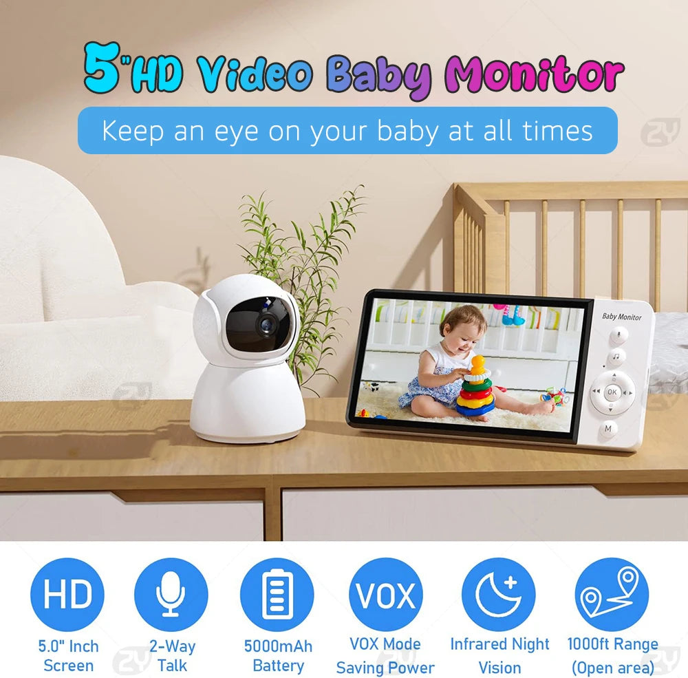 5''IPS Screen Pan-Tilt-Zoom Camera Video Baby Monitor with 30-Hour Battery 2-Way Talk Night Vision Temperature Lullabies SD Card