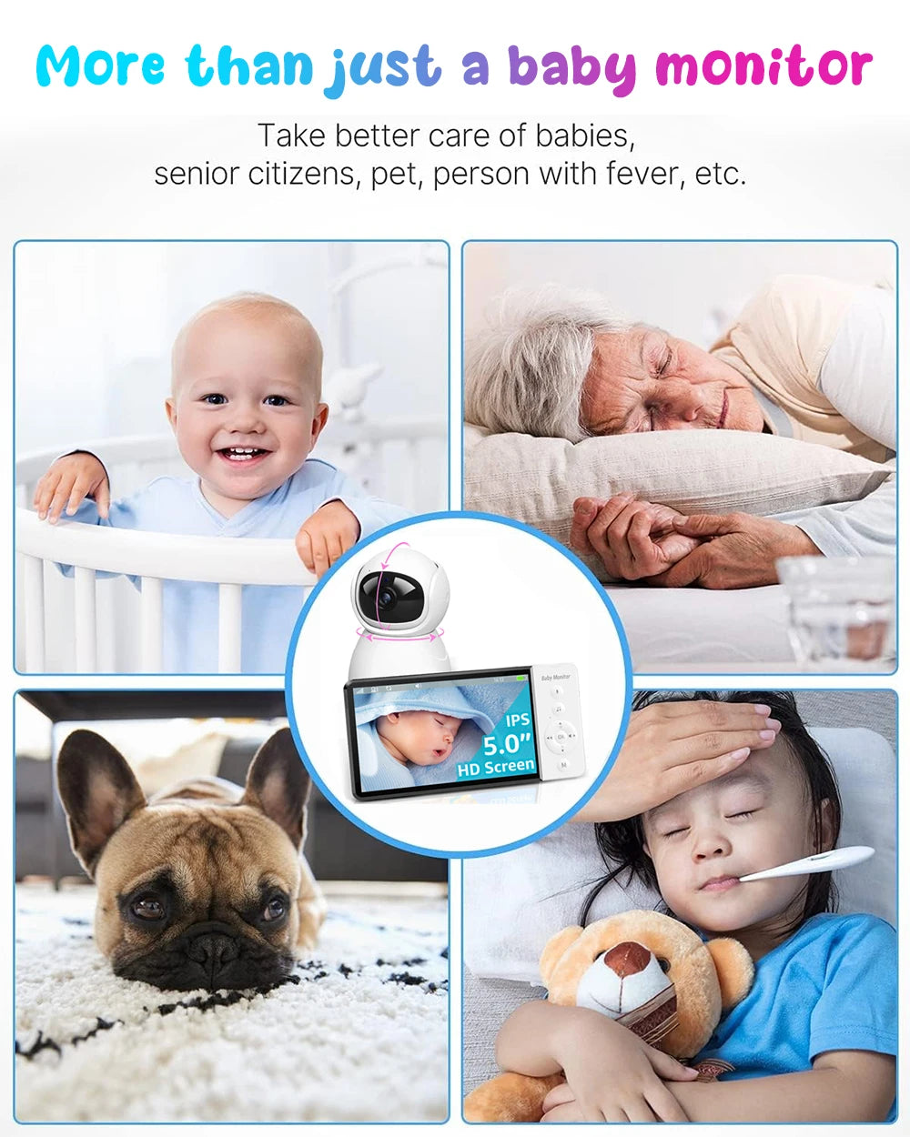 5''IPS Screen Pan-Tilt-Zoom Camera Video Baby Monitor with 30-Hour Battery 2-Way Talk Night Vision Temperature Lullabies SD Card