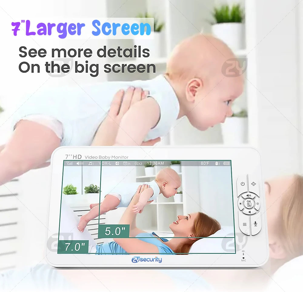 7.0 inch Video Baby Monitor HD Split Screen with 2 Cameras Pan Tilt 4X Zoom 2 Way Audio Night Vision no WiFi 4000mAh Battery