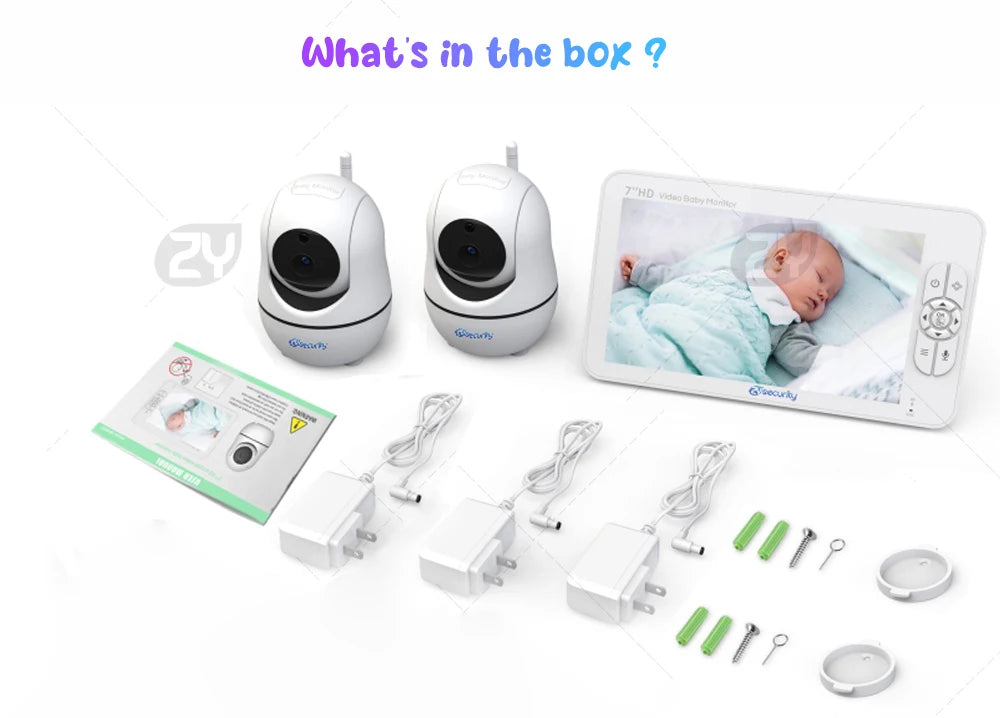 7.0 inch Video Baby Monitor HD Split Screen with 2 Cameras Pan Tilt 4X Zoom 2 Way Audio Night Vision no WiFi 4000mAh Battery