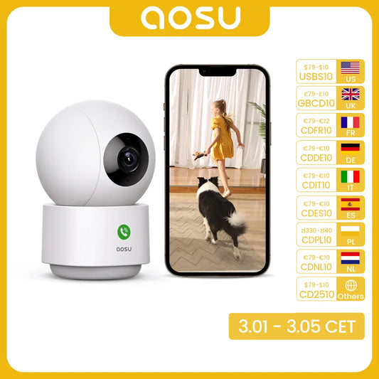 AOSU 2K 3MP 5G/2.4GHz Baby Monitor WiFi Security Camera Indoor 6X Zoom 2-Way Audio Surveillance CCTV Camera Work with Alex