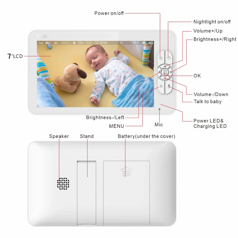 7.0 inch Video Baby Monitor HD Split Screen with 2 Cameras Pan Tilt 4X Zoom 2 Way Audio Night Vision no WiFi 4000mAh Battery