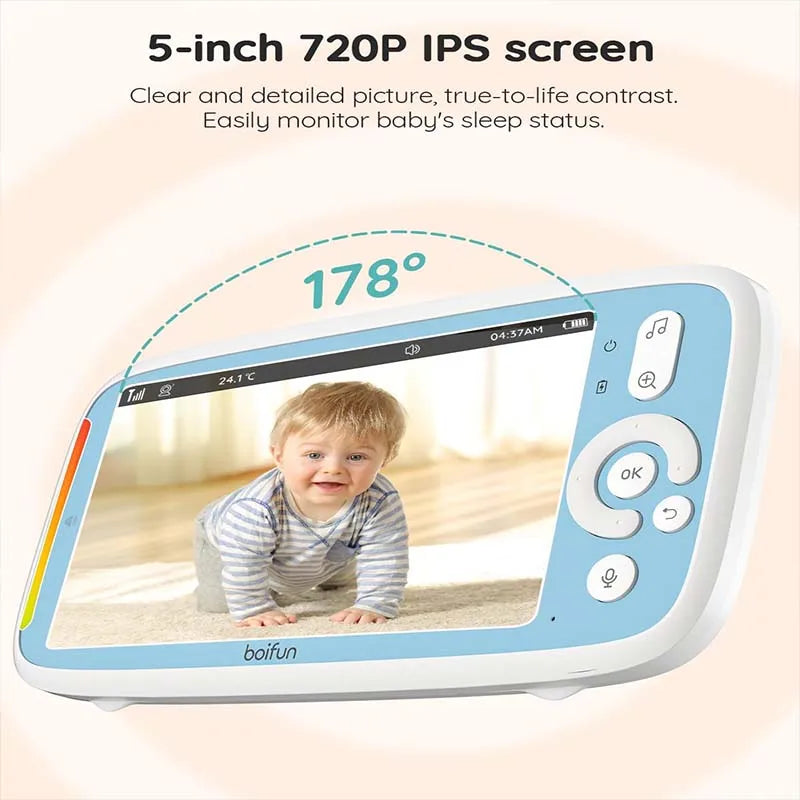 BOIFUN Baby Camera Monitor, 5-inch 720P IPS Full Color Screen, 360 Camera, Night Vision, No Wifi, ECO Mode, 3050mAh Battery