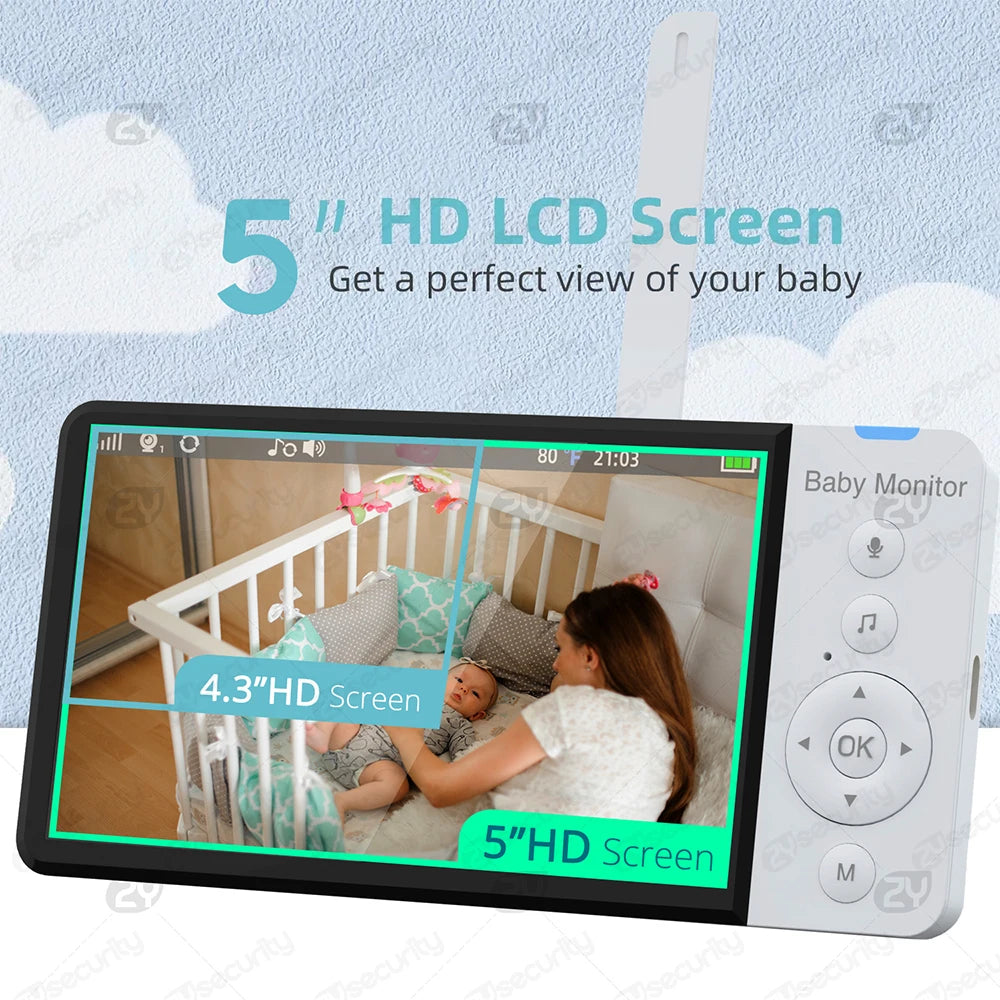 5''IPS Screen Pan-Tilt-Zoom Camera Video Baby Monitor with 30-Hour Battery 2-Way Talk Night Vision Temperature Lullabies SD Card