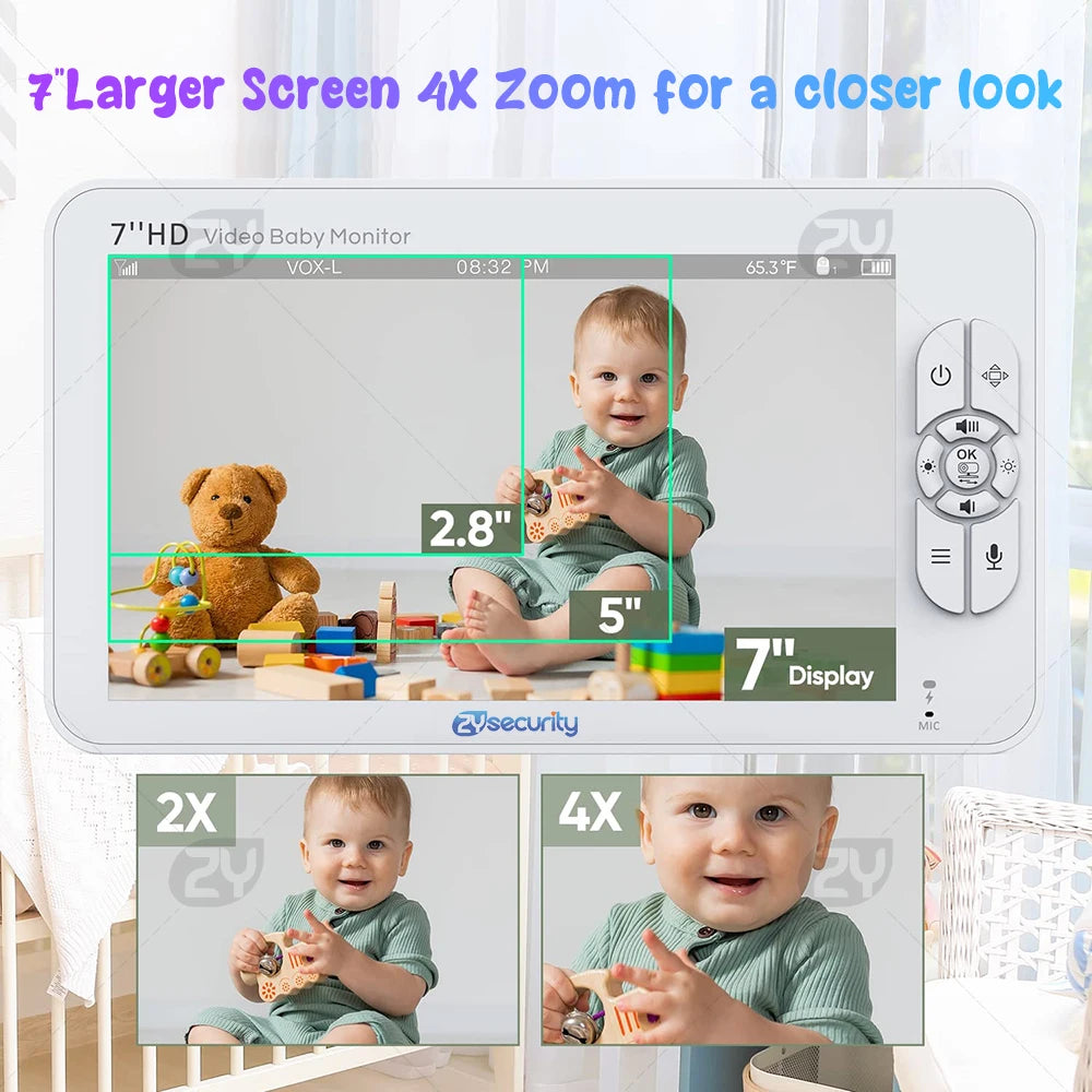 7.0 inch Video Baby Monitor HD Split Screen with 2 Cameras Pan Tilt 4X Zoom 2 Way Audio Night Vision no WiFi 4000mAh Battery