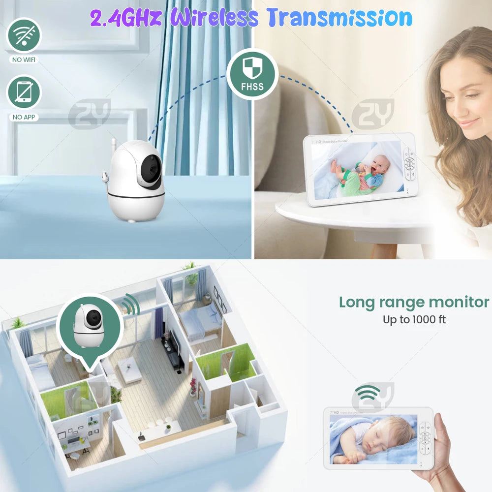 7.0 inch Video Baby Monitor HD Split Screen with 2 Cameras Pan Tilt 4X Zoom 2 Way Audio Night Vision no WiFi 4000mAh Battery